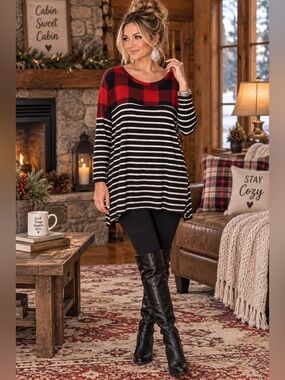 Coco Kelly XL Buffalo Plaid Striped Tunic Top Red Black White